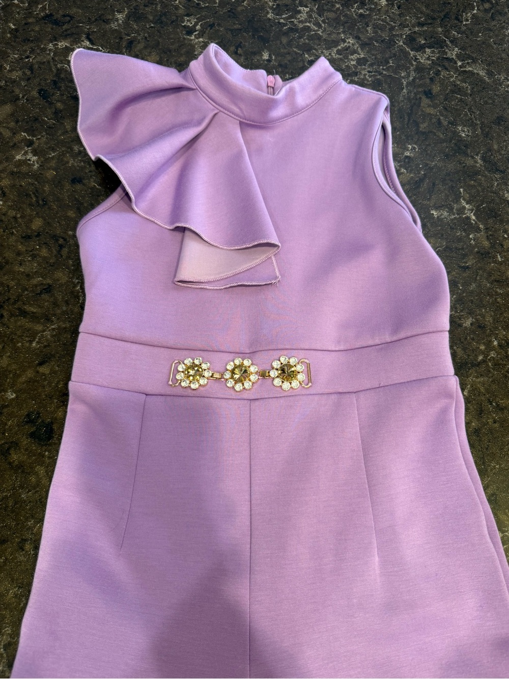 SHEIN Lavender Girls' Ruffle-Neck Jumpsuit with Floral Jewel Belt